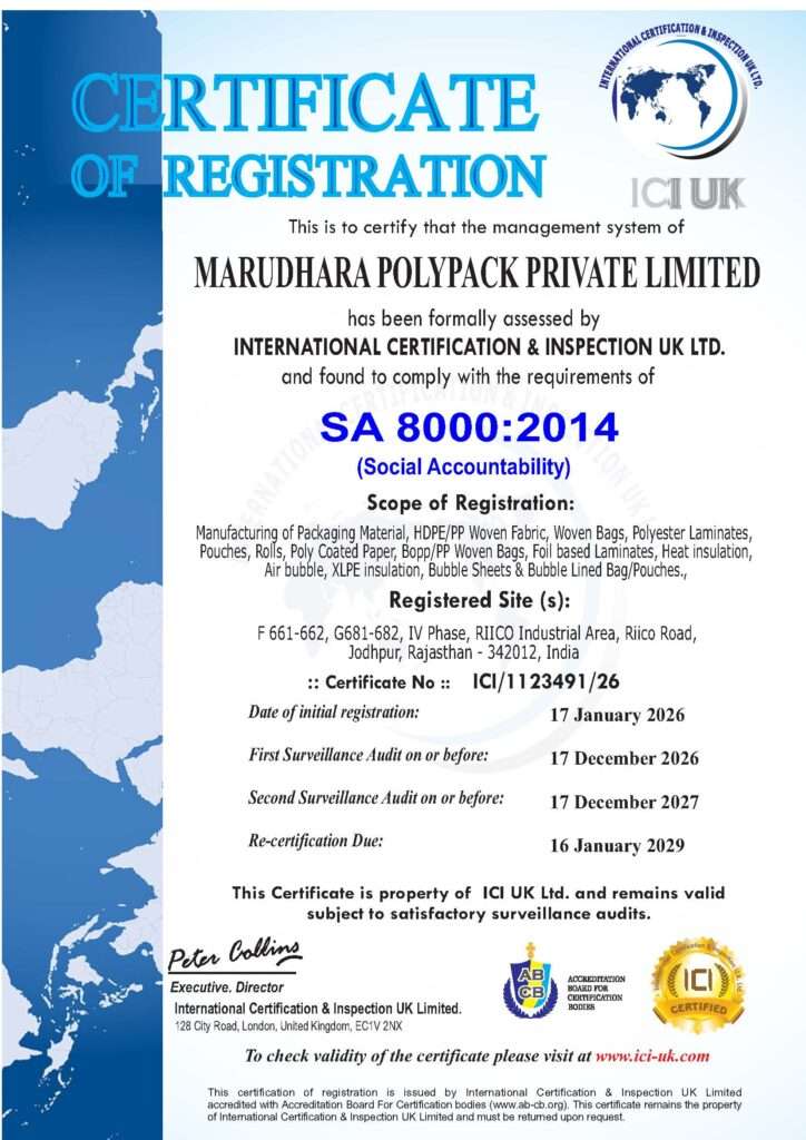 SA 8000 social accountability certificate for Marudhara Polypack Private Limited